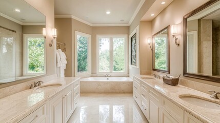 Luxurious modern bathroom with double vanities, soaking tub, and large windows overlooking a garden