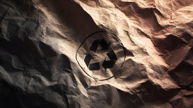 Dark textured material prominently features a universally recognized symbol for material reclamation