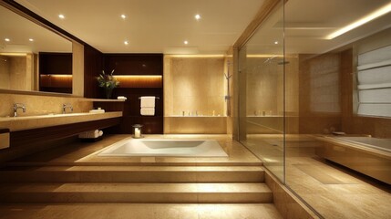 Luxurious, modern bathroom with soaking tub, double sinks, and glass shower enclosure