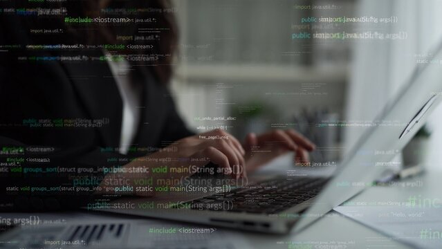 A software developer focused on coding tasks using a laptop, surrounded by floating programming code overlays in a modern office setting, showcasing digital creativity. Xenic