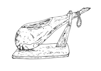 Vector whole cured ham leg on a wooden stand. Graphic ink Traditional spanish jamon serrano illustration, isolated on background. Hand drawn line sketch. For designers, prints, logo, icon, menu