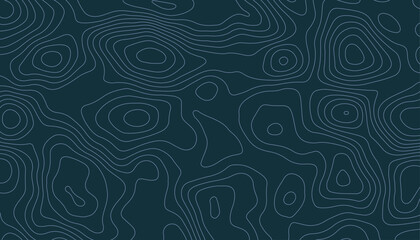 Dark abstract background with white topographic contour lines. Seamless pattern of relief map lines on a deep blue/teal surface.