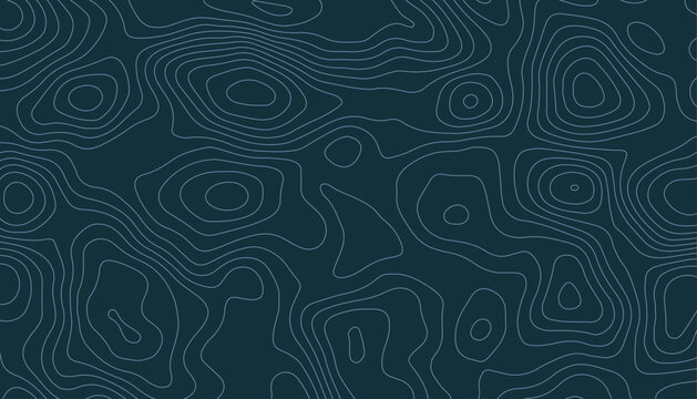 Dark abstract background with white topographic contour lines. Seamless pattern of relief map lines on a deep blue/teal surface.