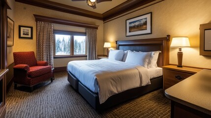 Luxurious mountain lodge bedroom with panoramic view