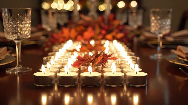 A warm and inviting thanksgiving dinner table setting with candles and fall foliage centerpiece creates a festive atmosphere happy thanksgiving