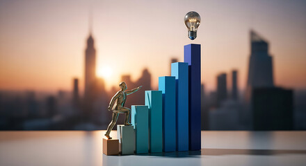 Plakat Businessman climbing graph towards lightbulb with city skyline in the background view at sunset