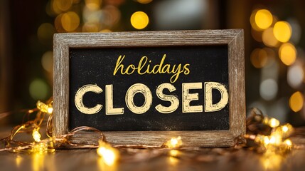 Small wooden framed sign announces holiday closure with warm background lighting.