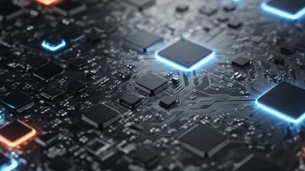 Dynamic digital circuit board with glowing processors representing modern technology and data flow - Powered by Adobe