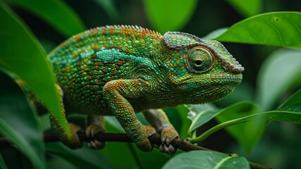 A detailed close-up shot of a vibrant chameleon perched on lush green leaves showcasing natural camouflage and intricate skin textures - Powered by Adobe