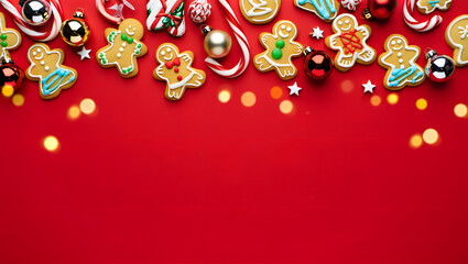 Festive Gingerbread Delight: A colorful assortment of gingerbread man, candy cane, and festive ornaments on a vibrant red backdrop. An inviting seasonal treat.