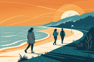 Friends walking coastline golden hour, scenic ocean view, serene sunset atmosphere, joyful camaraderie, silhouettes against vibrant sky, coastal path, adventure, relaxation, nature's beauty.