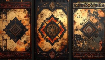 Three ornate panels with geometric designs and a weathered, gold-toned finish