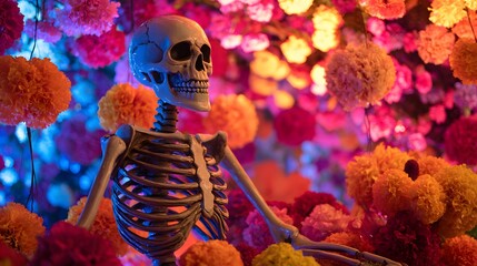 Human skeletal figure surrounded by vibrant, colorful blossoms under dramatic lighting