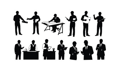 Diverse group of architects collaborating and discussing blueprints and building designs isolated on white background silhouette