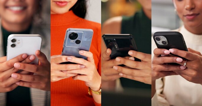 Collage, hands and smartphone with texting, scroll and network with contact, chat and notification. Women, phone and click with mobile app, communication or check post on social media at workplace