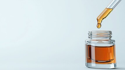 A glass dropper releases a drop of amber liquid into a small glass bottle, suggesting a scientific or cosmetic application.