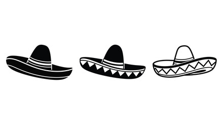 Collection of traditional mexican hats in simple black and white designs