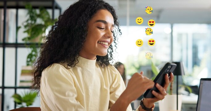Woman, phone and overlay with emoji at startup, smile and texting on break, contact and icon for chat. Person, smartphone and happy for sign, symbol or scroll on social media at creative agency