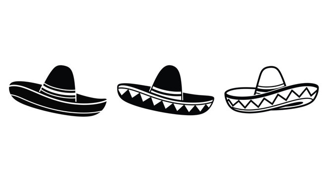 Collection of traditional mexican hats in simple black and white designs