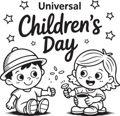 Universal Childrens Day vector illustration cute cartoon kids playing line art design for greeting cards an