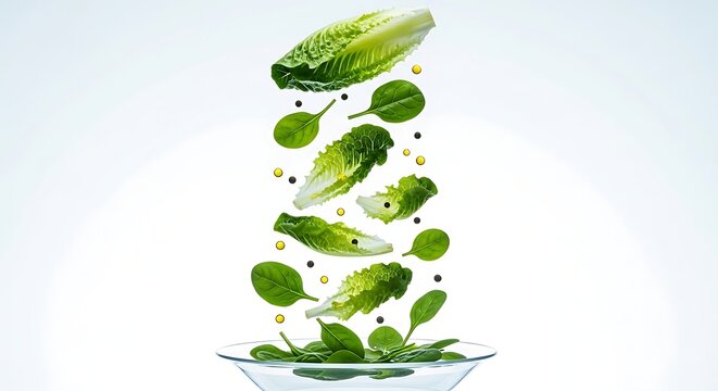 Fresh salad ingredients falling into a bowl on white background.