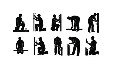 A diverse collection of plumber characters performing various pipe repair tasks presented as a silhouette isolated on white background