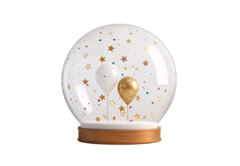 Snow globe containing white and gold balloons with confetti, isolated on a transparent background