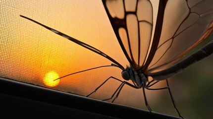 Obraz premium A delicate crane fly rests on a window screen silhouetted against a soft warm sunset 