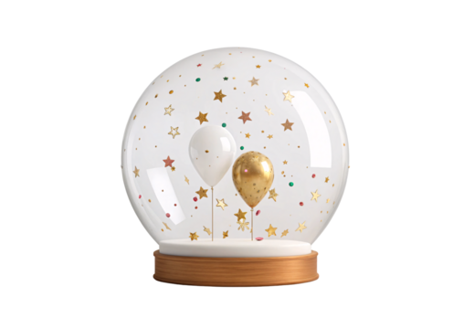 Snow globe containing white and gold balloons with confetti, isolated on a transparent background