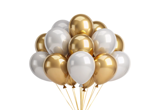 Mixed gold and silver celebration balloons clustered together, isolated on a transparent background