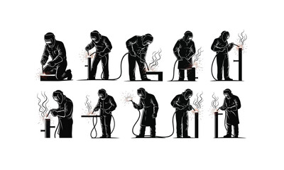 A diverse collection of welders performing various industrial tasks depicted as a silhouette isolated on white background