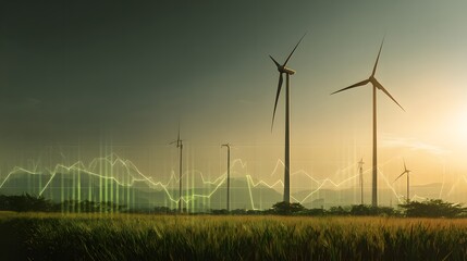 Multiple wind turbines rise above a field against a dramatic sunset sky overlaid with a glowing financial chart