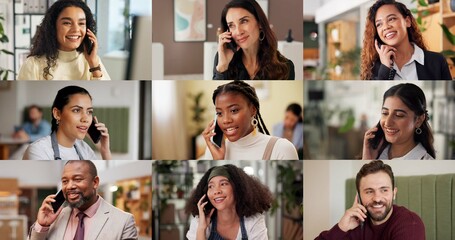 Business people, phone call or collage with smile, talk or communication for negotiation feedback. Workers, mobile or montage of conversation with men, women or contact for networking with connection