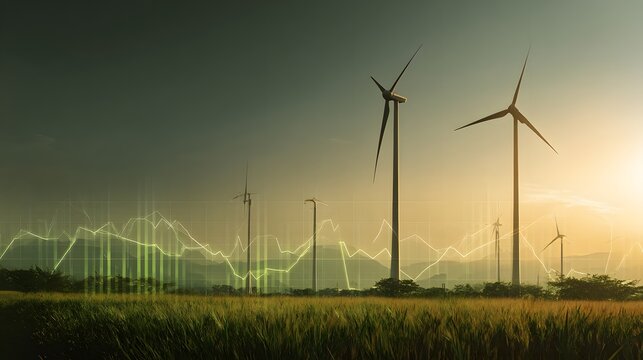 Multiple wind turbines rise above a field against a dramatic sunset sky overlaid with a glowing financial chart