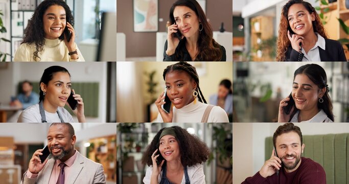 Business people, phone call or collage with smile, talk or communication for negotiation feedback. Workers, mobile or montage of conversation with men, women or contact for networking with connection
