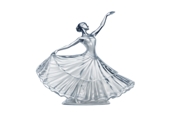 Silver ballerina figurine in flowing dress captured in graceful dancing pose, isolated on a transparent background
