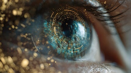 Human eye overlaid with futuristic digital interface and glowing light effects