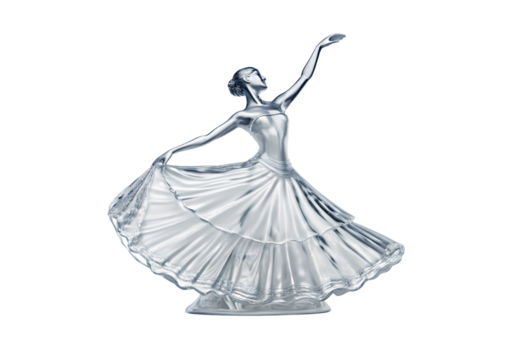 Silver ballerina figurine in flowing dress captured in graceful dancing pose, isolated on a transparent background