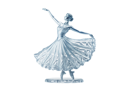 Ballet dancer figurine in flowing gown, graceful pose with raised arms, isolated on a transparent background