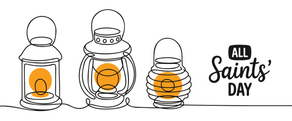 Continuous line drawing of lanterns vector illustration for All Saints Day isolated on white background