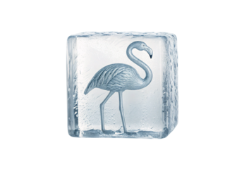 Pink flamingo bird frozen inside clear ice cube block sculpture, isolated on a transparent background