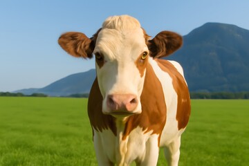 Dairy cow closeup with natural rural background for livestock and farming use