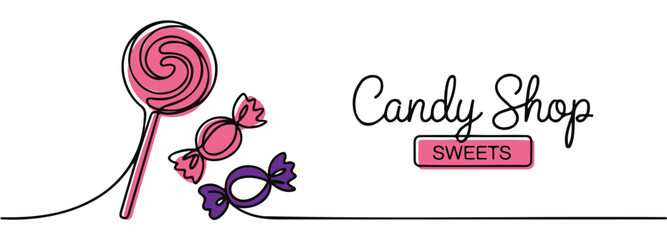 Candy shop logo design sweets and lollipop drawing in continuous line vector illustration for branding