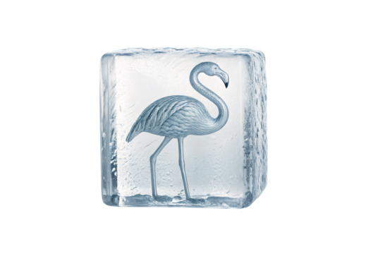 Pink flamingo bird frozen inside clear ice cube block sculpture, isolated on a transparent background