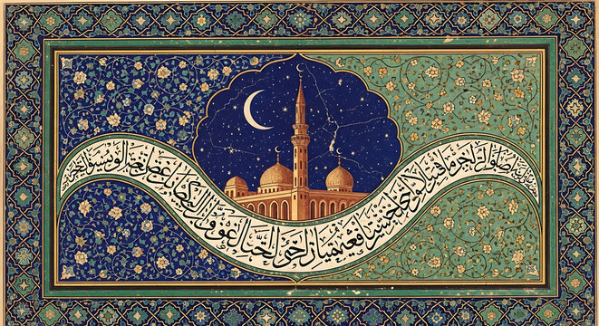 Ornate islamic art featuring a mosque under a starry night sky with crescent moon and calligraphy