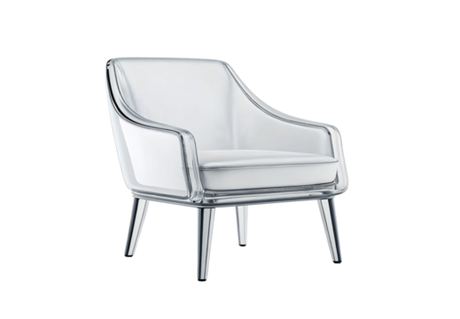 Modern transparent acrylic armchair with white cushion and metal legs, isolated on a transparent background
