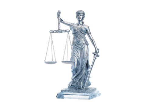 Themis goddess figurine with scales and sword, justice representation sculpture, isolated on a transparent background