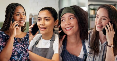 Composite, phone call and women with talking in workplace, communication and networking with smile. Diversity, conversation and happy people with mobile app for contact, collage and connectivity