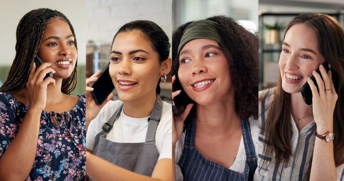 Composite, phone call and women with talking in workplace, communication and networking with smile. Diversity, conversation and happy people with mobile app for contact, collage and connectivity - Powered by Adobe
