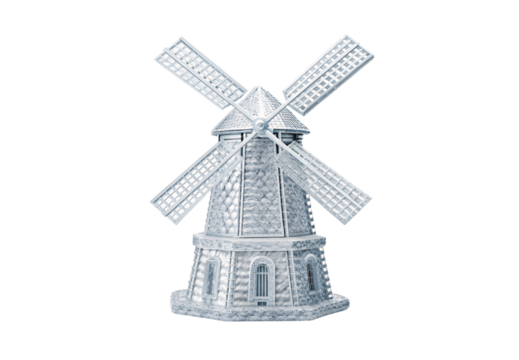 Traditional windmill structure with four rotating blades and detailed stonework, isolated on a transparent background